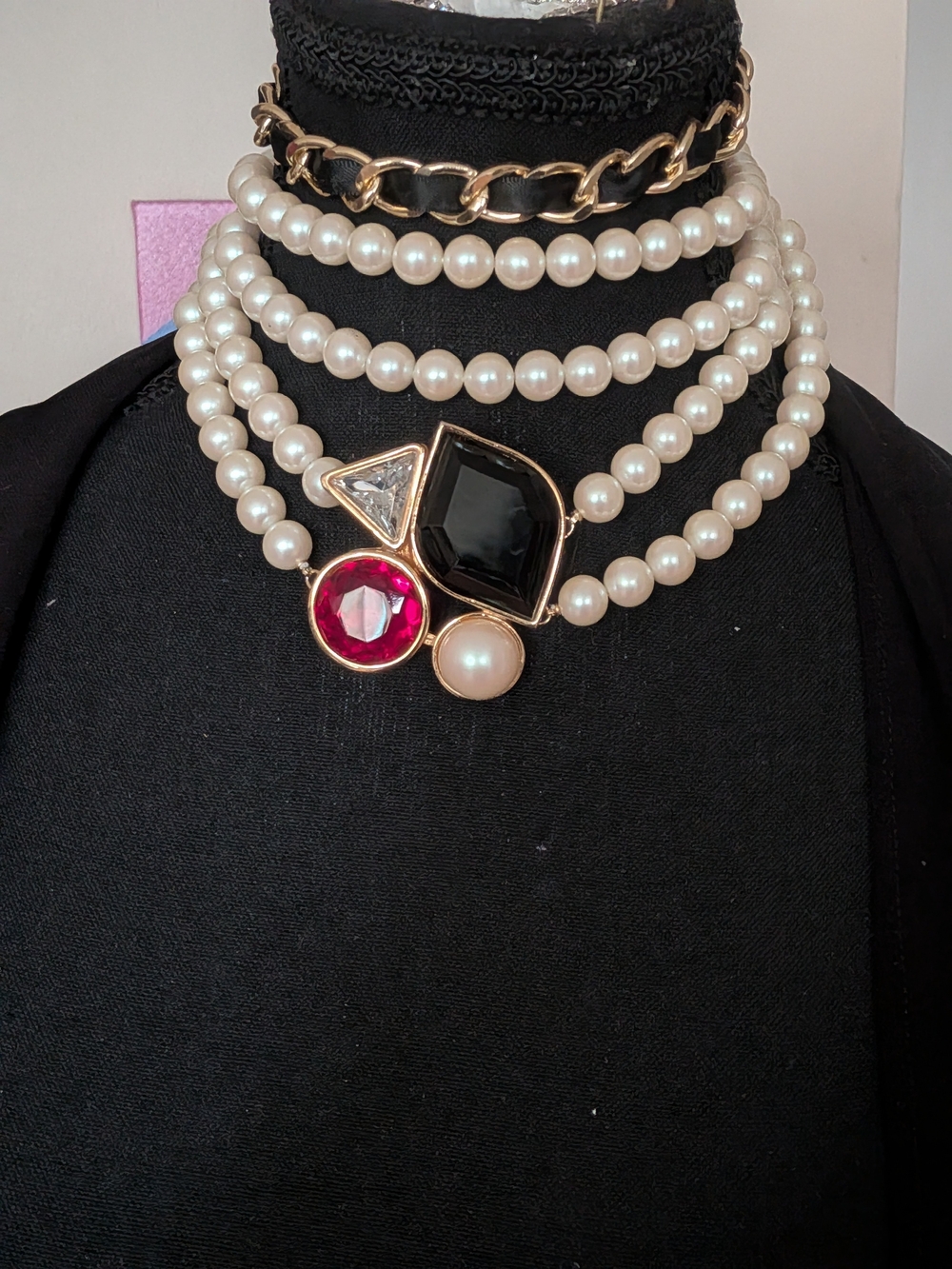 Vintage Richelieu Faux Pearl Double Strand Statement Necklace Geometric Pendant